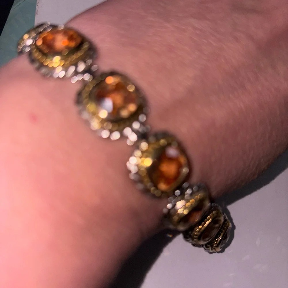 VTG Sterling Silver 925 2 Toned CZ Citrine Chunky Tennis Bracelet 7" Stunning - Picture 8 of 12
